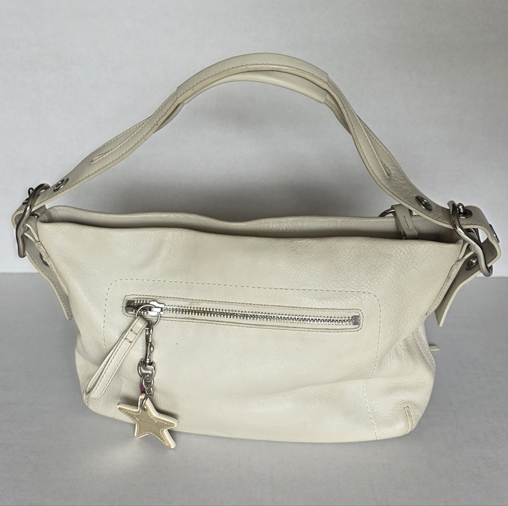 COACH Pebbled Leather Shoulder Bag with Tassel Charm Cream Color - Picture 2 of 7